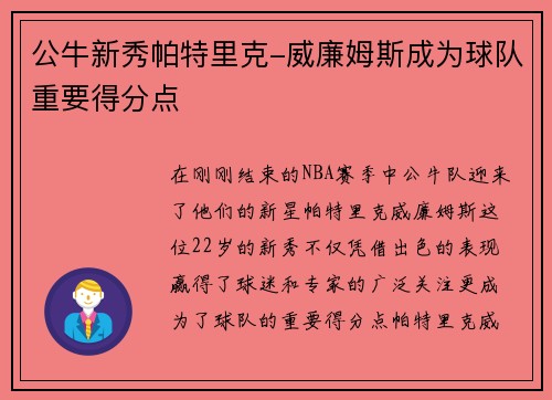 公牛新秀帕特里克-威廉姆斯成为球队重要得分点