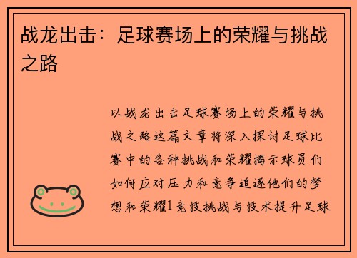 战龙出击：足球赛场上的荣耀与挑战之路