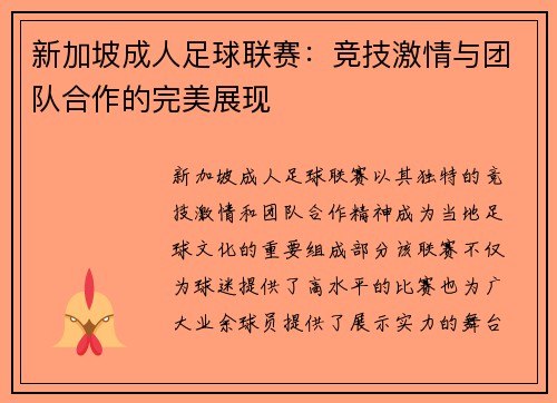 新加坡成人足球联赛：竞技激情与团队合作的完美展现