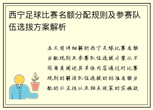 西宁足球比赛名额分配规则及参赛队伍选拔方案解析
