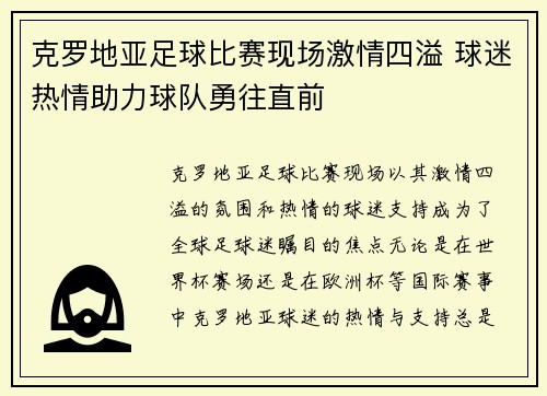 克罗地亚足球比赛现场激情四溢 球迷热情助力球队勇往直前