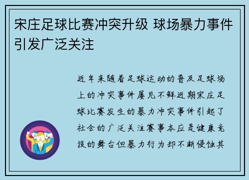 宋庄足球比赛冲突升级 球场暴力事件引发广泛关注