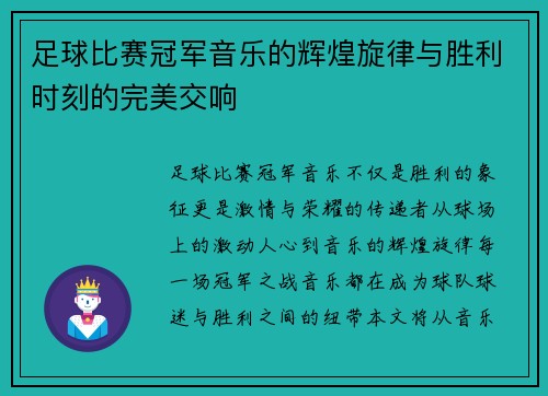 足球比赛冠军音乐的辉煌旋律与胜利时刻的完美交响