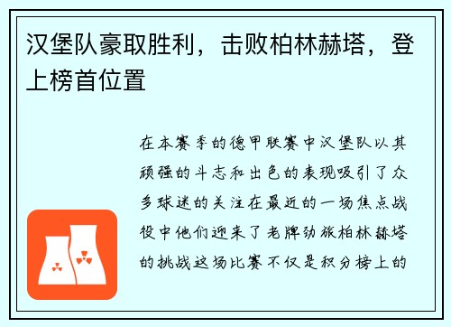 汉堡队豪取胜利，击败柏林赫塔，登上榜首位置