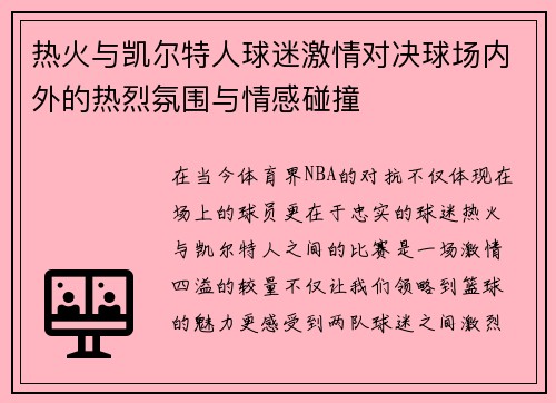 热火与凯尔特人球迷激情对决球场内外的热烈氛围与情感碰撞