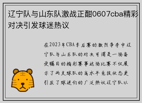 辽宁队与山东队激战正酣0607cba精彩对决引发球迷热议