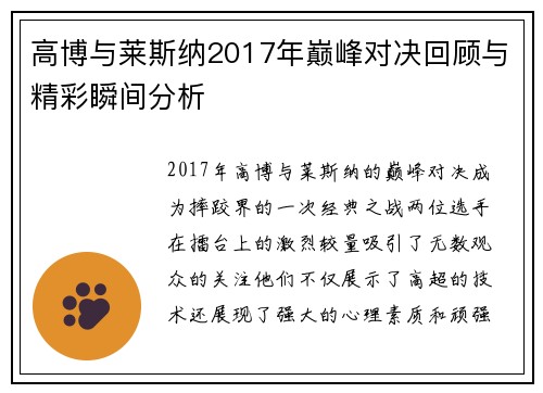 高博与莱斯纳2017年巅峰对决回顾与精彩瞬间分析