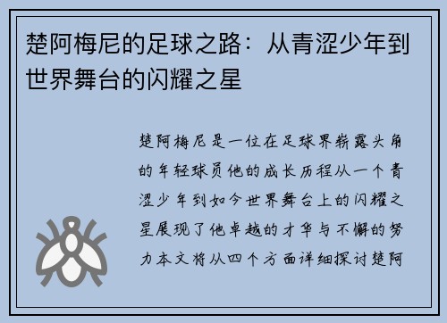 楚阿梅尼的足球之路：从青涩少年到世界舞台的闪耀之星