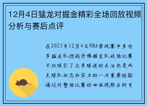 12月4日猛龙对掘金精彩全场回放视频分析与赛后点评