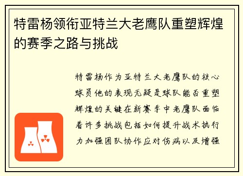 特雷杨领衔亚特兰大老鹰队重塑辉煌的赛季之路与挑战