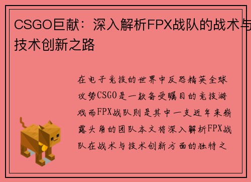 CSGO巨献：深入解析FPX战队的战术与技术创新之路